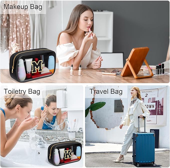 YOOLIFE Initial Travel Makeup Bag Pouch, Clear Toiletry Bag for Women Travel Accessories Cosmetic Bag Skin Care for Teen Make Up Bags Birthday Gifts for Women Unique Teacher Mom Friends Gifts Black B