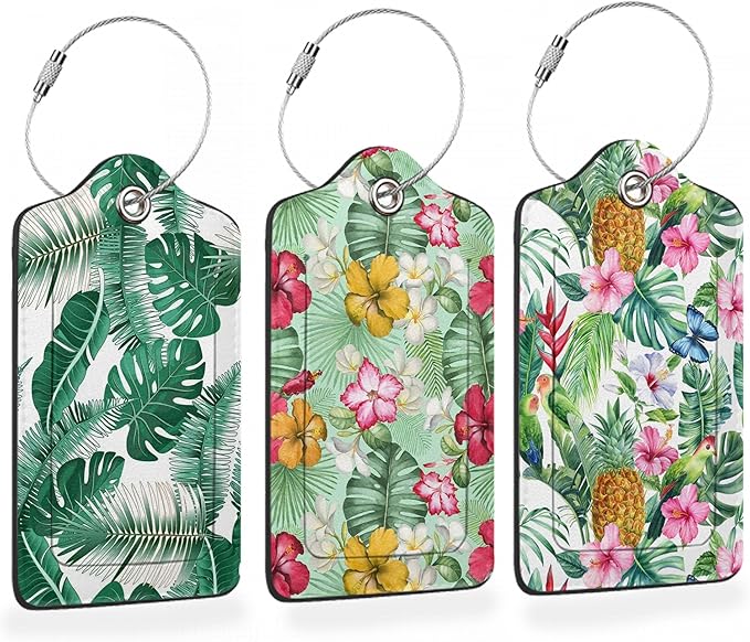 3 Pcs Luggage Tags for Suitcase,Tropical Palm Leaves and Flowers Luggage Tag Name Id Labels with Privacy Cover for Travel Backpack Women Men