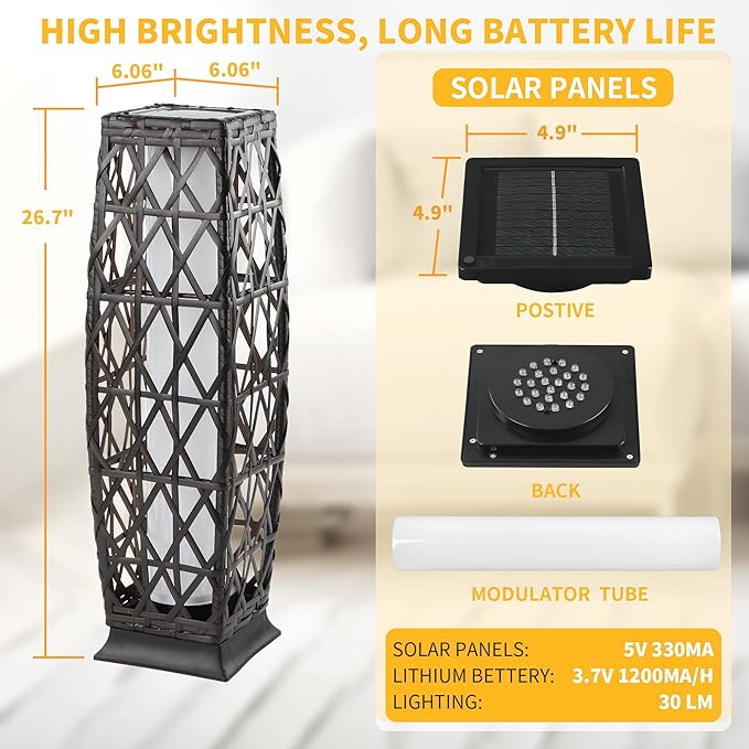 Solar Powered Outdoor Floor, 2 Piece Outdoor Floor Lamps, Solar Lanterns Waterproof, Resin Wicker Weather-Resistant Rattan Deck Light for Patio, Lawn, Porch, Garden