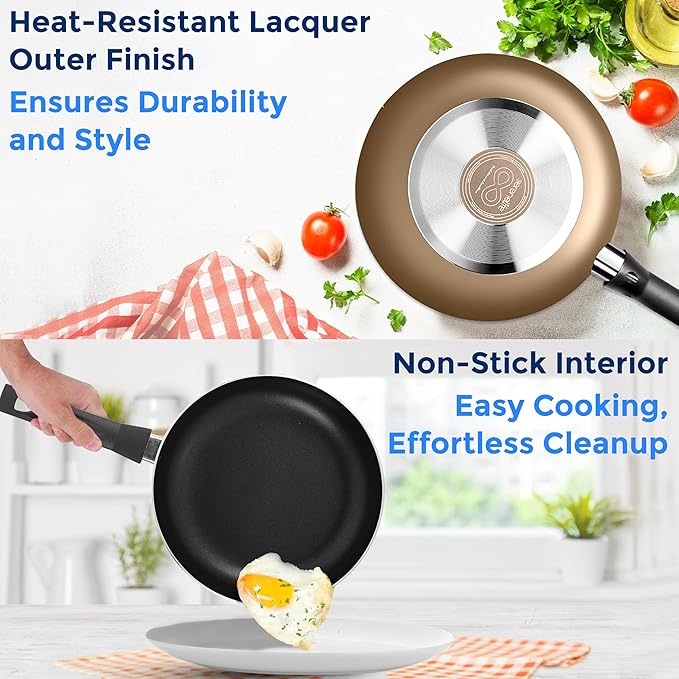SereneLife 6-Piece Pots and Pans Set – Nonstick Cookware, Black Coating, Heat-Resistant, Dishwasher safe, Includes Fry Pans, Saucepans with Lids, Color Gold