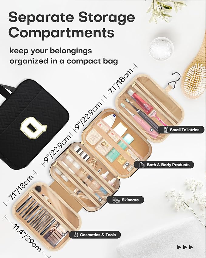 HOTOR Travel Toiletry Bag - Personalized Chenille Initial Makeup Bag, Water-Resistant Personalized Gifts for Women, Portable Travel Accessories & Essentials, Letter Q, Black, 11.4"×9.0"×3.35"