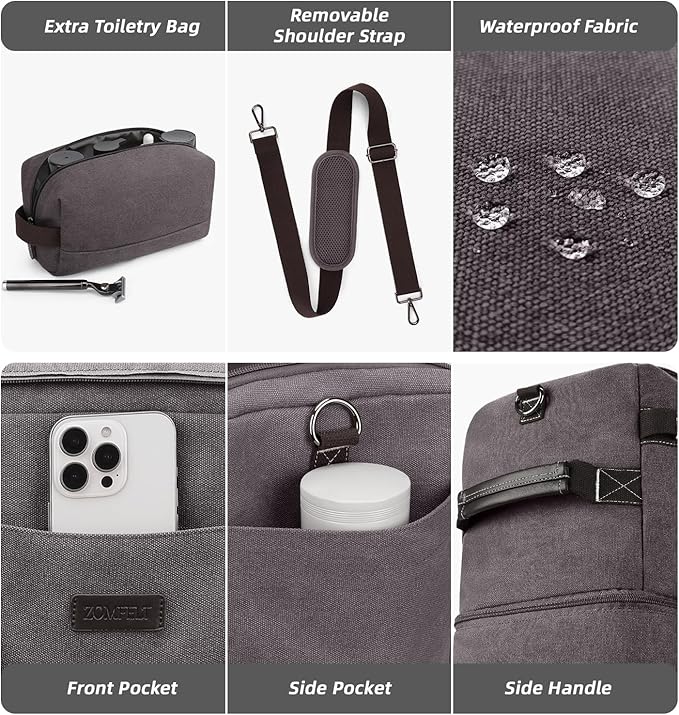 ZOMFELT Travel Duffle Bag for Men Women, Waterproof Canvas Overnight Duffel Bag with Removable Dividers & Shoe Compartment, Carry On Weekender Gym bag, Multi-Pocket & Vintage Design (Washed Grey)