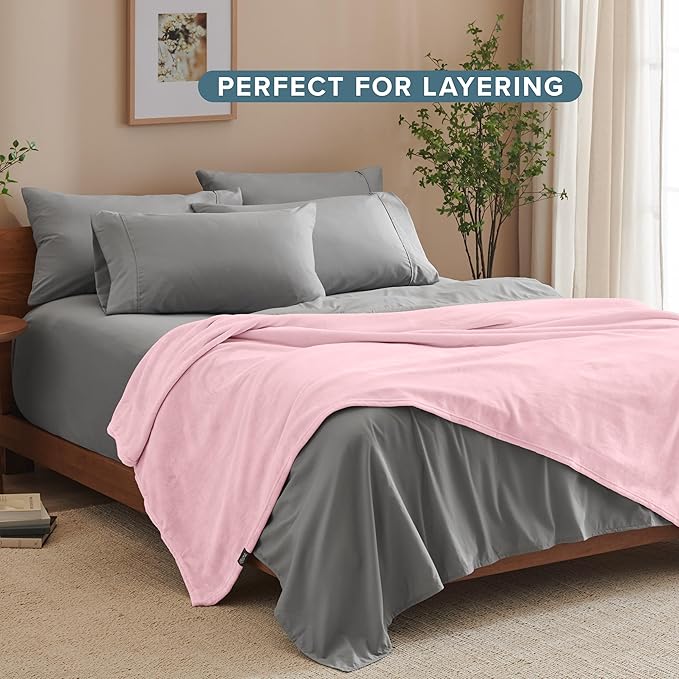 Bare Home Fleece Blanket - Full/Queen - Ultra-Soft Lightweight for Bed, Sofa, and Couch - Luxury Microplush - Cozy Warm Blanket (Full/Queen, Light Pink)