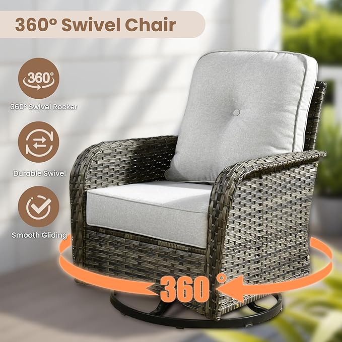 HOOOWOOO Patio Furniture Set,7 Pieces Outdoor Conversation Set,All Weather Wicker Loveseat Sofa Set with High Back Swivel Rocking Chairs Tables,Light Gray