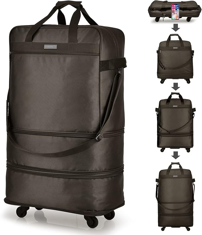 Hanke Suitcases with Wheels Expandable Foldable Luggage Bag Suitcase Collapsible Rolling Travel Bag Duffel Bag for Men Women Lightweight Suitcases without Telescoping Handle, Coffee