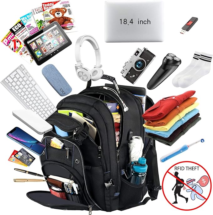 18.4 Laptop Backpack for unisex, 55L Extra Large Gaming Laptops Backpack with USB Charger Port,TSA Friendly Flight Approved and RFID Anti-Theft Pocket