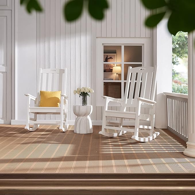 Psilvam Oversized Outdoor Rocking Chair Set of 2, Porch Rocker with 21" Wide Seat and 32" Tall Backrest, Pre-Assembled with Most Components for Effortless Installation (White)