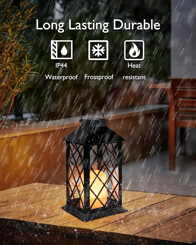 Homemory Solar Lanterns Outdoor Waterproof Hanging with Flickering Flameless Candles, 2 Pack 13'' Garden Outdoor Lantern Decorative for Patio Front Porch Backyard Balcony Cabin Outside Table(Black)