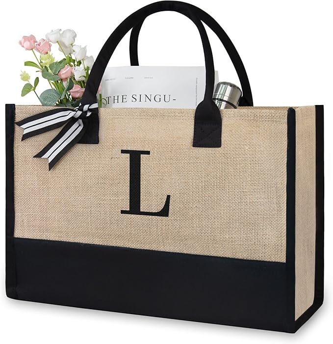 TOPDesign Initial Jute/Canvas Tote Bag, Personalized Present Bag, Suitable for Wedding, Birthday, Beach, Holiday, is a Great Gift for Women, Mom, Teachers, Friends, Bridesmaids (Letter L)