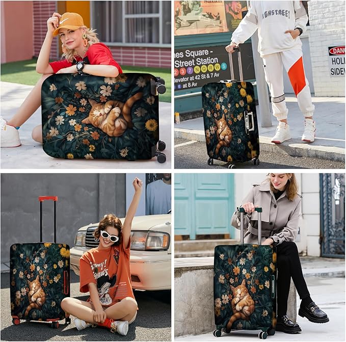 ANNA QUEEN Peaceful Cat Luggage Cover, Sleeping Cat with Floral Design, Stretchable, Washable Travel Sleeve for 20-22 Inch Luggage