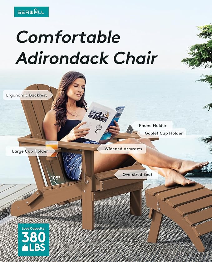 SERWALL Adirondack Chair with Cup Holders - Composite Adirondack Chairs Set of 2 HDPE Outdoor Chairs All Weather Use- Brown