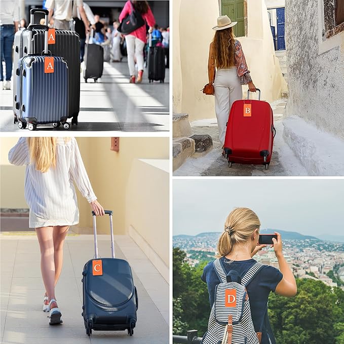 Gostwo 2 Pack Luggage Tags for Suitcases, 26 Initial Letter Travel Luggage Baggage Identification Labels ID Tag Fully Bendable Tags with Stainless Steel Loop (Orange) (Letter T)