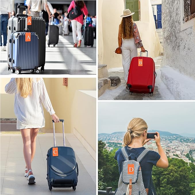 Gostwo 2 Pack Luggage Tags for Suitcases, 26 Initial Letter Travel Luggage Baggage Identification Labels ID Tag Fully Bendable Tags with Stainless Steel Loop (Orange) (Letter E)