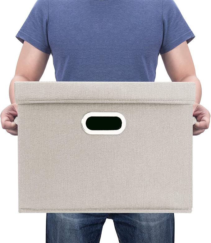 TYEERS Large Storage Bins with Lids, Collapsible, Washable, Fabric Storage Boxes for Organizing, 17.3x11.8x11.4 inches, 3 Pack, Beige