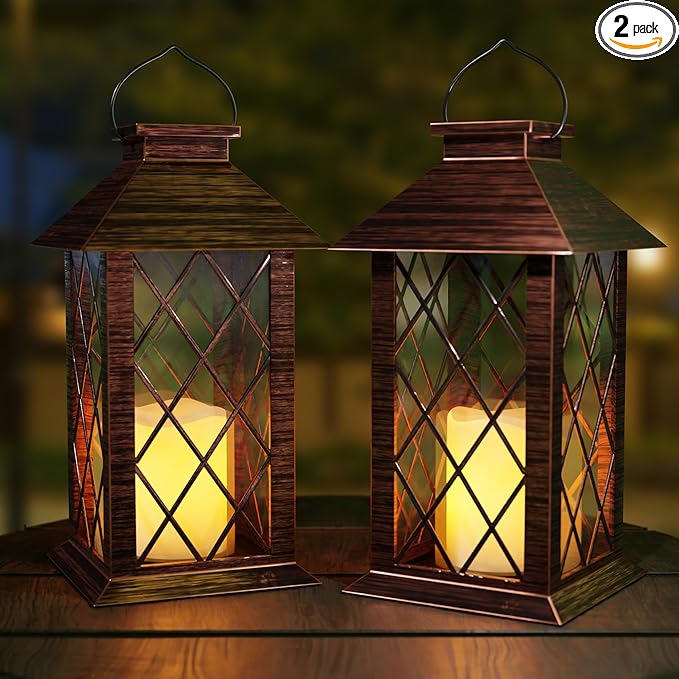 Outdoor Solar Lanterns, Waterproof Hanging Lantern with LED Flickering Flameless Candle, 13'' Bronze Outdoor Solar Powered Lantern Decor for Porch Patio Garden Balcony Pathway, 2 Pack