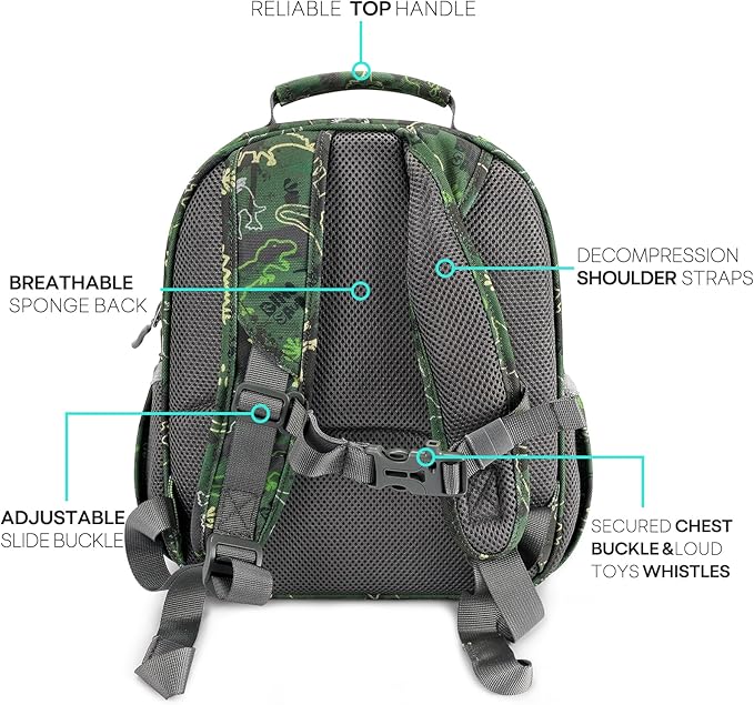 mibasies Toddler Backpack for Boys 2-4: Cute Kids Backpacks Boys - Preschool Kindergarten Backpack - Green Dinosaur