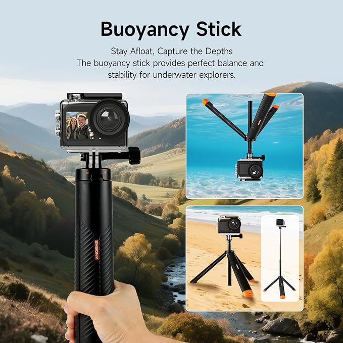 SVBONY SVGo2 Action Camera 4K30FPS 50MP, 5X Zoom Touch Screen Sports Camera, Waterproof Cameras,6-Axis EIS with Floating Selfie Stick, Wired Microphone, 2 Batteries, for Sports Vlog