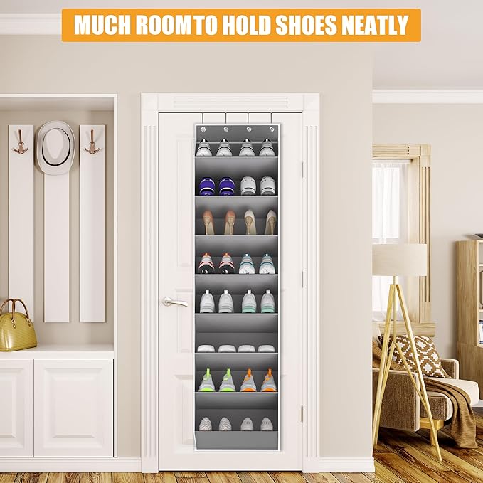 Over The Door Shoe Organizer Storage Fit 16-24 Pairs Hanging Shoe Rack Organiser for Closet Door, Deep Pocket Shoe Holder for Sneakers,Boots Storage(2 Pack Gray)