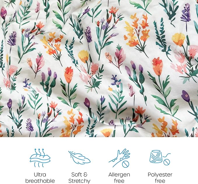 Quiggly Travel Crib Sheets for Guava Lotus, 2 Pack Organic Cotton Jersey Knit, Vibrant Floral Patterns - Fits Mattresses for Boys & Girls (Travel Crib, Wildflower Dreamin')