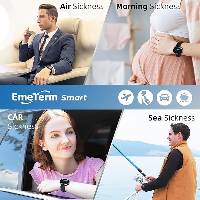 EmeTerm Smart FDA-Cleared Anti-Nausea Wristwatch Touchscreen IP67 Waterproof Morning Motion Sickness Relief Rechargeable Fast Acting Drug Free (2 Pack Black with Extra Gel)