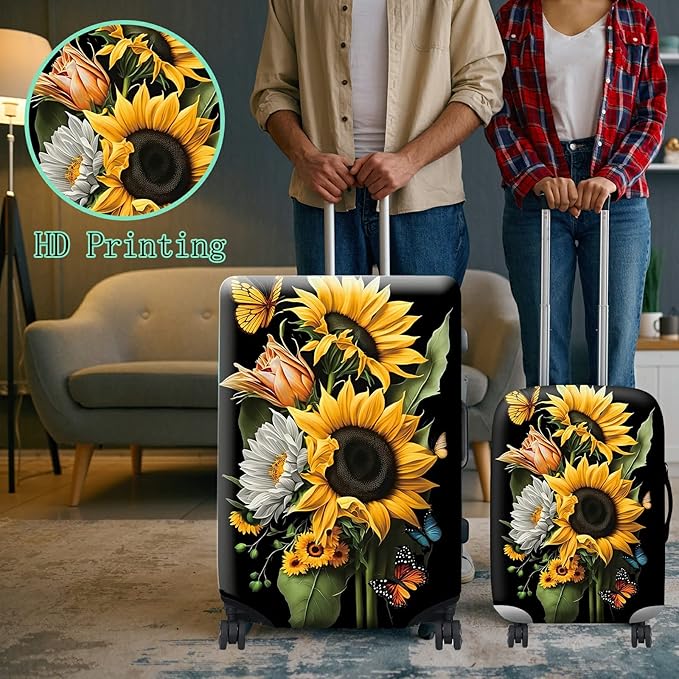 Suitcase Protector Plus 1 Luggage Tag, Sunflower Orchids Travel Suitcase Cover for 18-20 inch Luggage (S) with Concealed Zipper, Washable Elastic Cloth, Dustproof, Anti-Scratch
