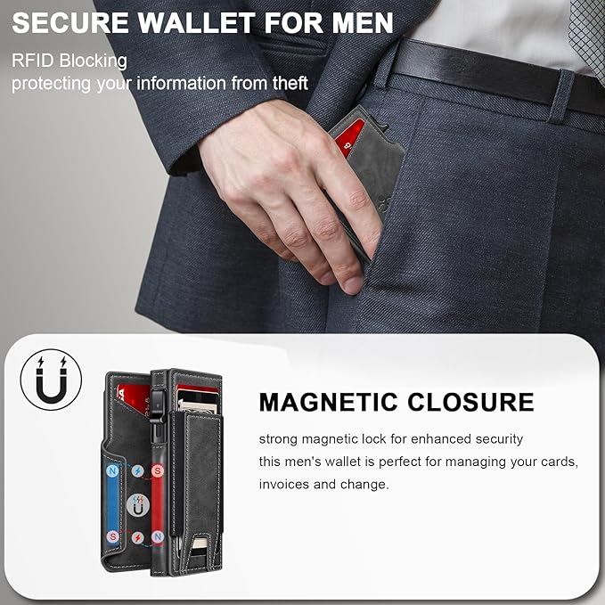 Wallet for Men Wallet with Slim Pop Up Card Holder 9-13 Cards, Bifold Minimalist Smart Wallet RFID Blocking Credit Card Holder with ID Window & Stretchable Cash Slot Compact Metal Aluminum Card Case