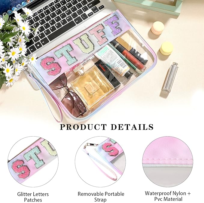 DYSHAYEN Chenille Letter Clear Zipper Pouch for Travel,Nylon Clear Cosmetic Bag,Makeup Travel Bag for Women Girls 11.8 Inches x 8.2 Inches