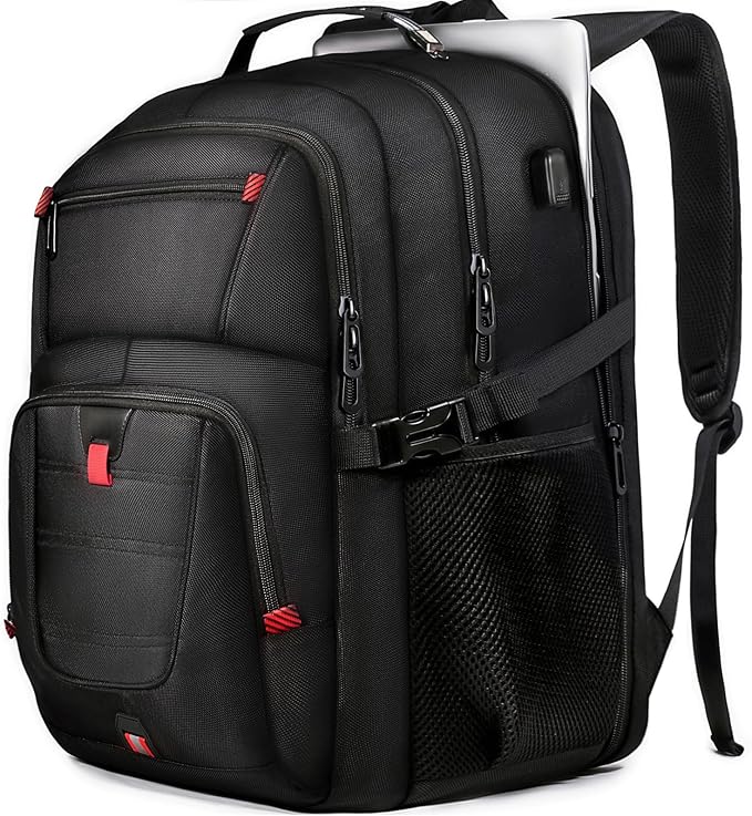 Extra Large 55L Travel Backpack, 18 inch Laptop Bag for Men, TSA Approved Heavy Duty with USB Charging Port, Anti Theft Rucksack for Business Work College, Black