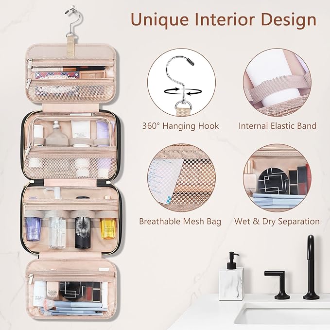 Wedama Toiletry Bag for Women, Hanging Travel Toiletry Bag with Jewelry Organizer Compartment Medium Makeup Bag, PVC Waterproof Cosmetic Travel Bag Trips Camping Bathroom, Black+Brown