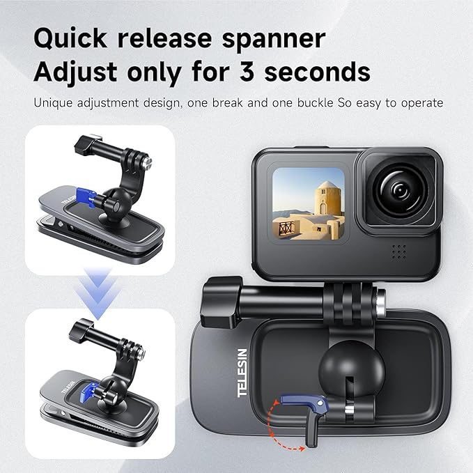 TELESIN Backpack Clip Mount 360 Swivel Ball Joint Shoulder Bag Belt Strap Mounts Accessories for GoPro 13 12 11 10 9 8 7 6 5 Insta 360 X3 Ace Pro DJI Action 3 4 Osmo Pocket 3 Bike Motorcycle Accessory
