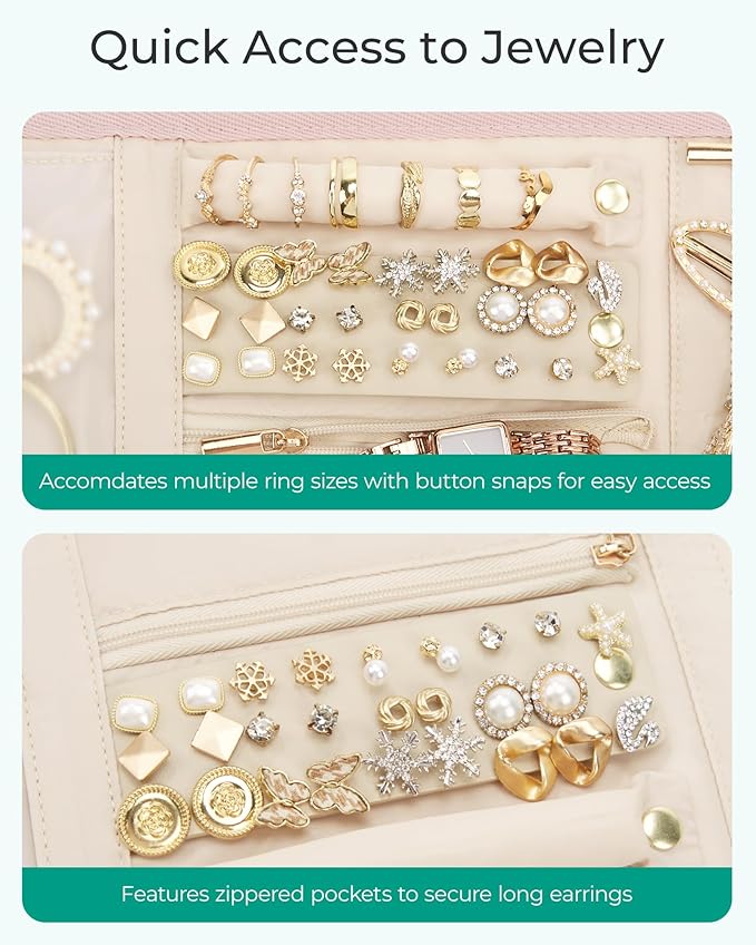 BAGSMART Travel Jewelry Case Organizer, Roll Foldable Jewelry Case for Journey-Rings, Necklaces, Earrings, Bracelets, Brooches, Min, Pink