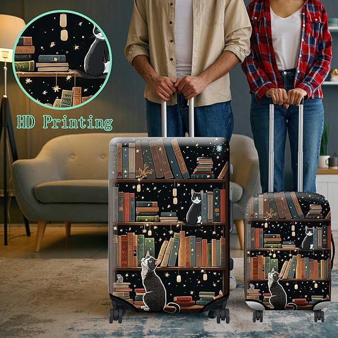 Luggage Cover Suitcase Protector Plus 1 Luggage Tag, Cat Library Travel Suitcase Cover for 26-28 inch Luggage (L) with Concealed Zipper Washable Elastic Cloth Dustproof Anti-Scratch