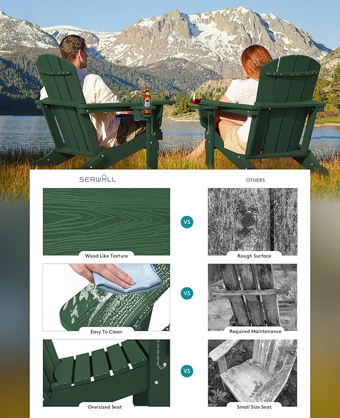 SERWALL Adirondack Chair with Cup Holders - Composite Adirondack Chairs Set of 4 HDPE Outdoor Chairs All Weather Use- Green