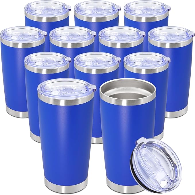 20oz Tumbler Bulk Stainless Steel Tumbler Cup with Lid Vacuum Insulated Double Wall Travel Mug, Durable Powder Coated Travel Coffee Tumbler Mug for Hot & Cold Drinks, Dark Blue,12 Pack