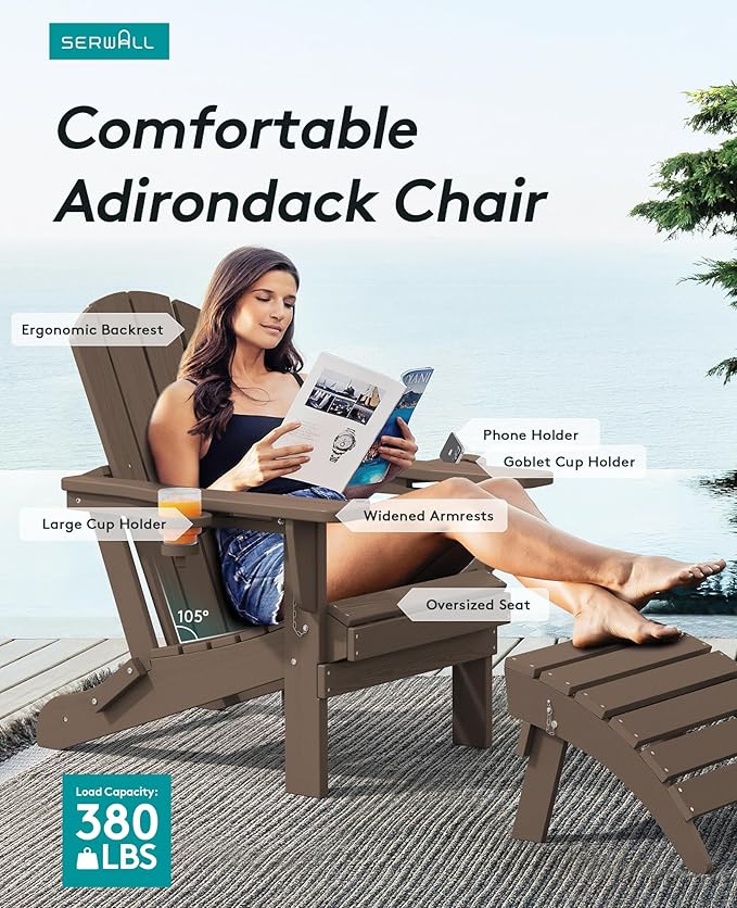 SERWALL Adirondack Chair with Cup Holders - Composite Adirondack Chairs Set of 8 HDPE Outdoor Chairs All Weather Use- Coffee