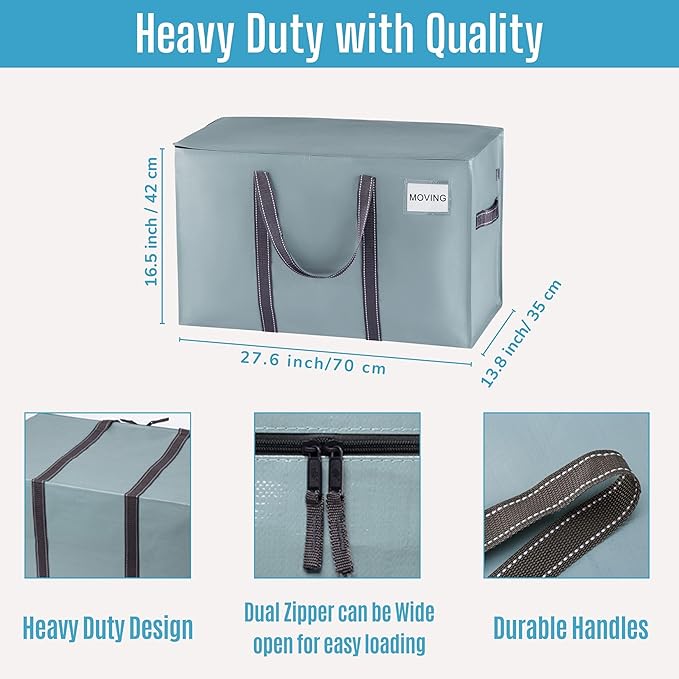 VENO 10 Pack Moving Bags, Heavy Duty, Moving Boxes Alternative, Packing Storage Supplies for Dorm Room Essentials with Zipper for Clothes, Extra Large Totes for Packaging (Light Blue Matte, 10 Pack)