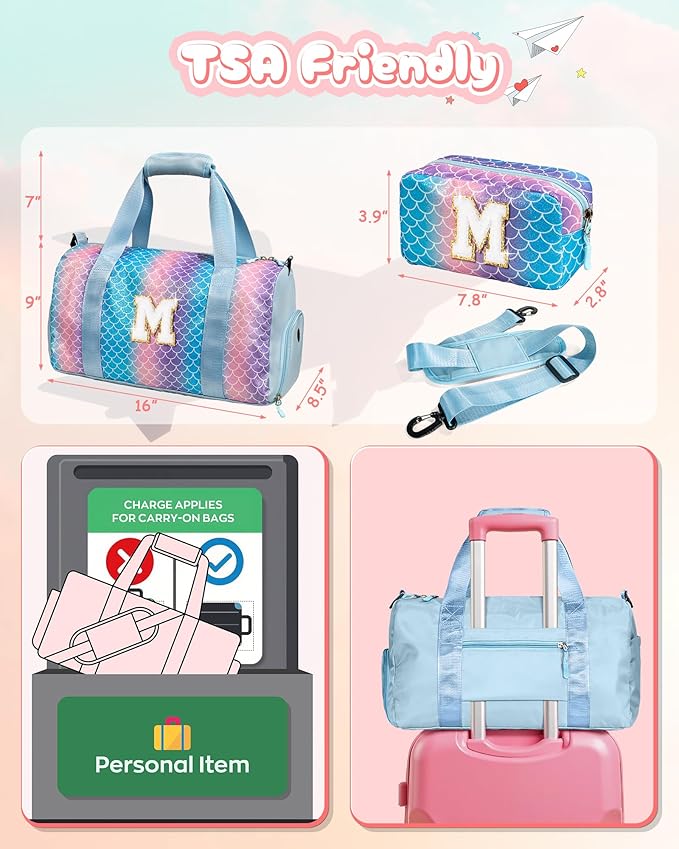 Easter Gifts for Kids-Girl Gym Bag with Shoe Compartment, Kid Personalized Weekender Overnight Bags, Initial Travel Tote with Makeup Pouch, Valentines Day Gift for Girls (Letter R)