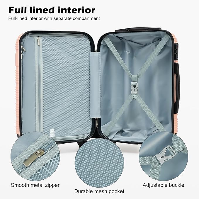 LONG VACATION 3 Piece Carry On Luggage 20 Inch Suitcase with Spinner Wheels, ABS+PC Hardshell Suitcase set with TSA Lock & YKK Zipper