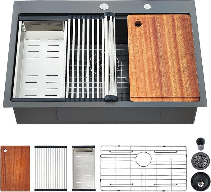 Drop-in Kitchen Sink - Single Bowl Workstation with Cutting Board, 30 x 22 x 10, Gunmetal Black, 16 Gauge Stainless Steel
