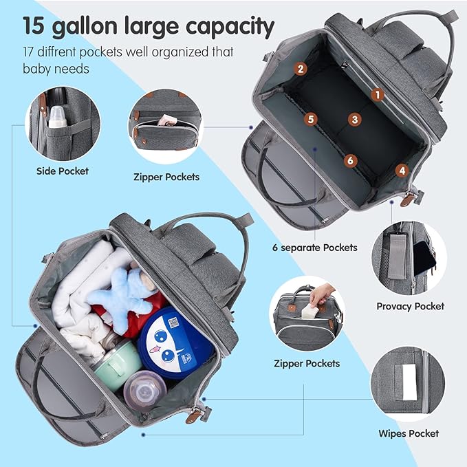 DERJUNSTAR Diaper Bag Backpack – Large Capacity Baby Diaper Bag with Changing Pad, Waterproof Travel Backpack for Boys & Girls, Multi-Function Baby Bag with USB Charging Port, Grey