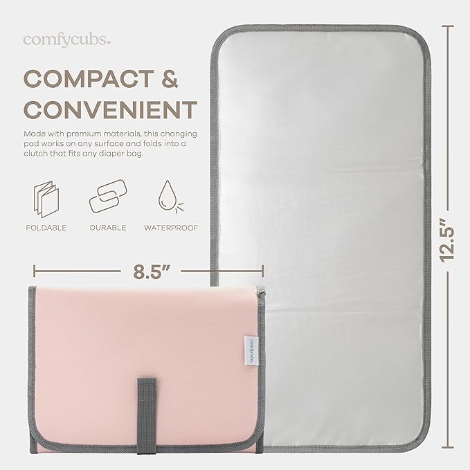 Comfy Cubs Baby Changing Pad Compact Size - Waterproof Diaper Changing Mat with Cushioned Pillow - Soft & Lightweight, Foldable Design for Travel - Stylish Design for Boys and Girls - Pink Blush