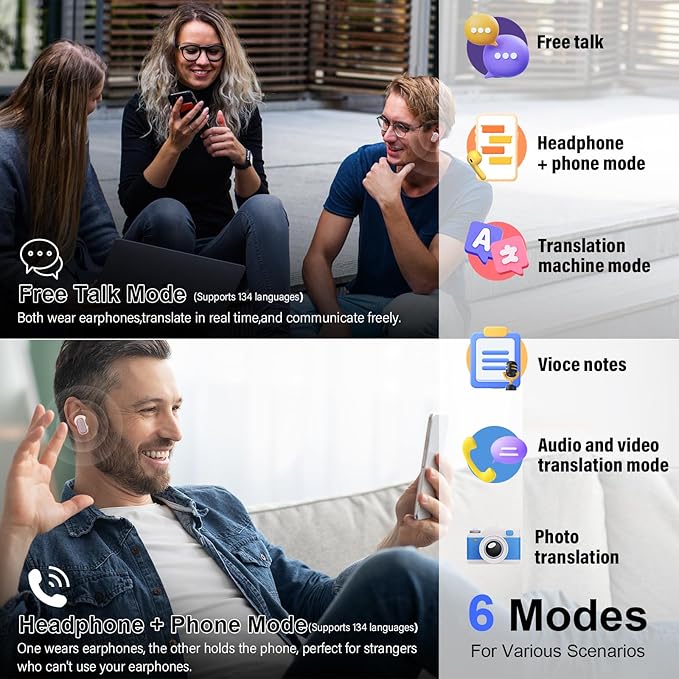 AI Language Translator Earbuds Real Time, 164 Language/6 Translation Modes Translator Earbuds 3-in-1 Translation Headphones, Bluetooth 5.4 Translation Device for Travel Business Learning, Rose Gold