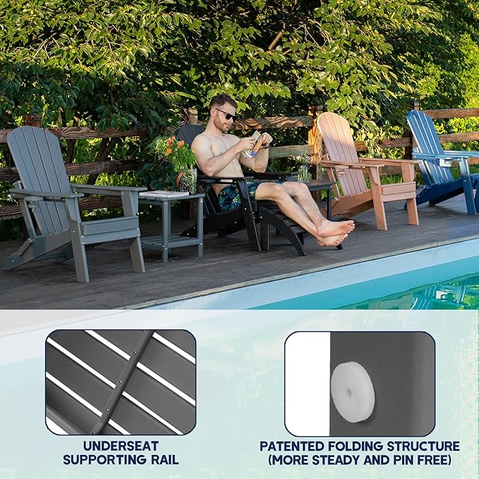 Folding Adirondack Chair - Extended Ergonomic Backrest, Cup Holder - Easy Assembly - Durable HDPE Plastic, Weather Resistant & Maintenance-Free - Lawn, Patio, Deck Supports 400lbs Green