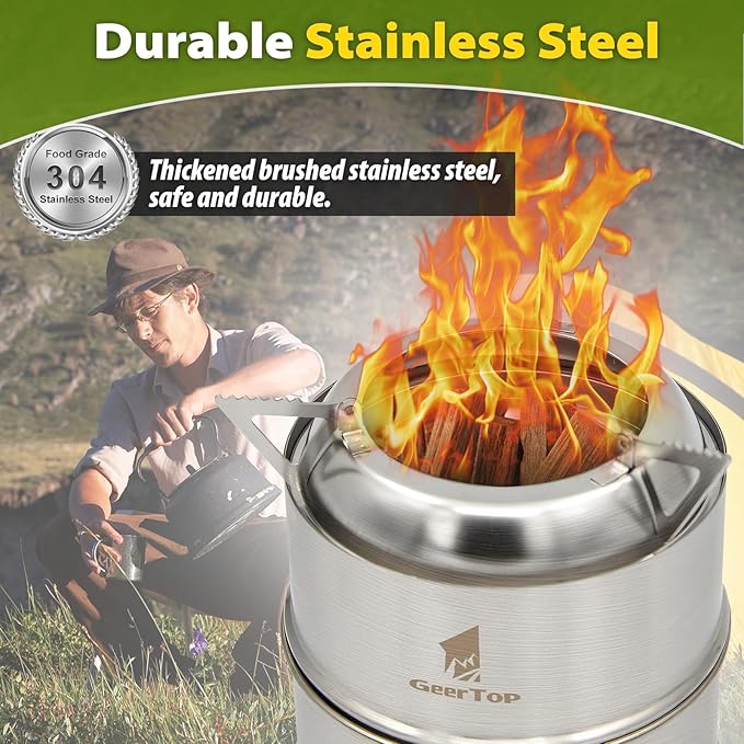 GEERTOP Portable Small Camping Stove with Fuel Canister Adapter Isobutane Ultralight Mini Stainless Steel Wood Burning Backpacking Stove Kit for Outdoor Hiking Emergency Cooking