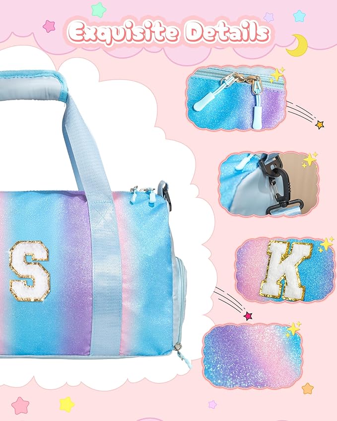 Gifts for 3 4 5 6 7 8 9 Year Old Girls-Girl Gym Bag with Shoe Compartment, Kid Personalized Weekender Overnight Bags, Initial Travel Tote with Makeup Pouch, Easter Gift for Teen (Letter C)