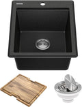 KRAUS Bellucci 18-inch Granite Workstation Drop In Top Mount Single Bowl Kitchen Sink in Metallic Black with Accessories, KGTW12-18MBL