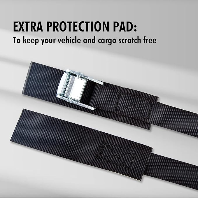 Cartman 1" x 15'Lashing Straps with Adjustable Cam Buckle Cargo Tie Down with Protective Pad, 8 Pack, Black