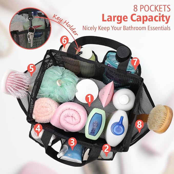 F-color Mesh Shower Caddy Portable - 2 Handles Upgrade Deeper 7 Pockets Basket Bag Tote for College Dorm Room Toiletry Bathroom Essentials Gym Camp Quick Dry with S Hook, 2 Pack, Black & Blue