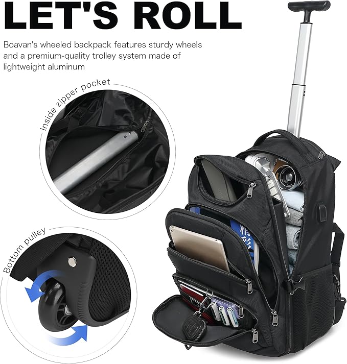 Boavan Rolling Backpack,17 inch Water Resistant Wheeled Backpack,Carry on Luggage Business Bag, Overnight College Computer Trolley Suitcase for Men Women Adults to Travel，Black