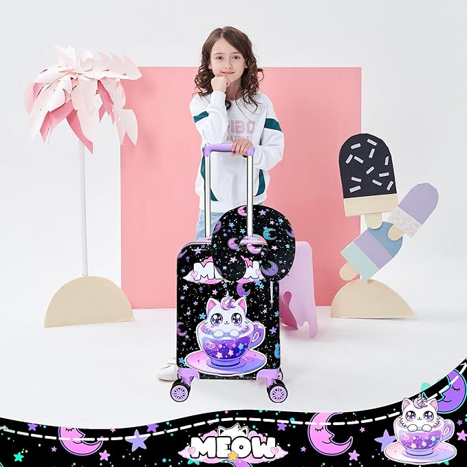Cute Black Cat Kid's Luggage Set 2 Piece Suitcase Set 16" Hardside Luggage with Spinner Wheels Girls Carry on Toddler Travel Rolling Luggage Airline Approved